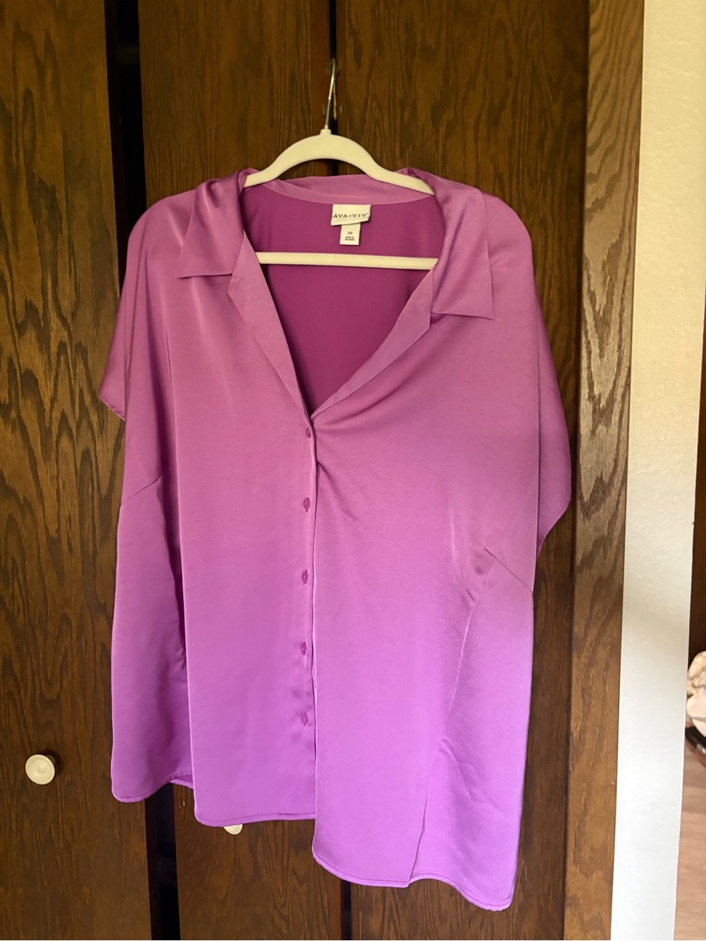 Ava and Viv Women's Short Sleeve Button Front Top in Magenta